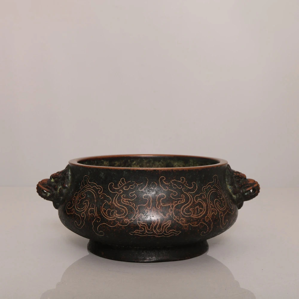 Vintage Chinese Purple Copper Silver Wire Inlay Dragon Ear Censer Flat Bottom Heavy Patina Fine Craft