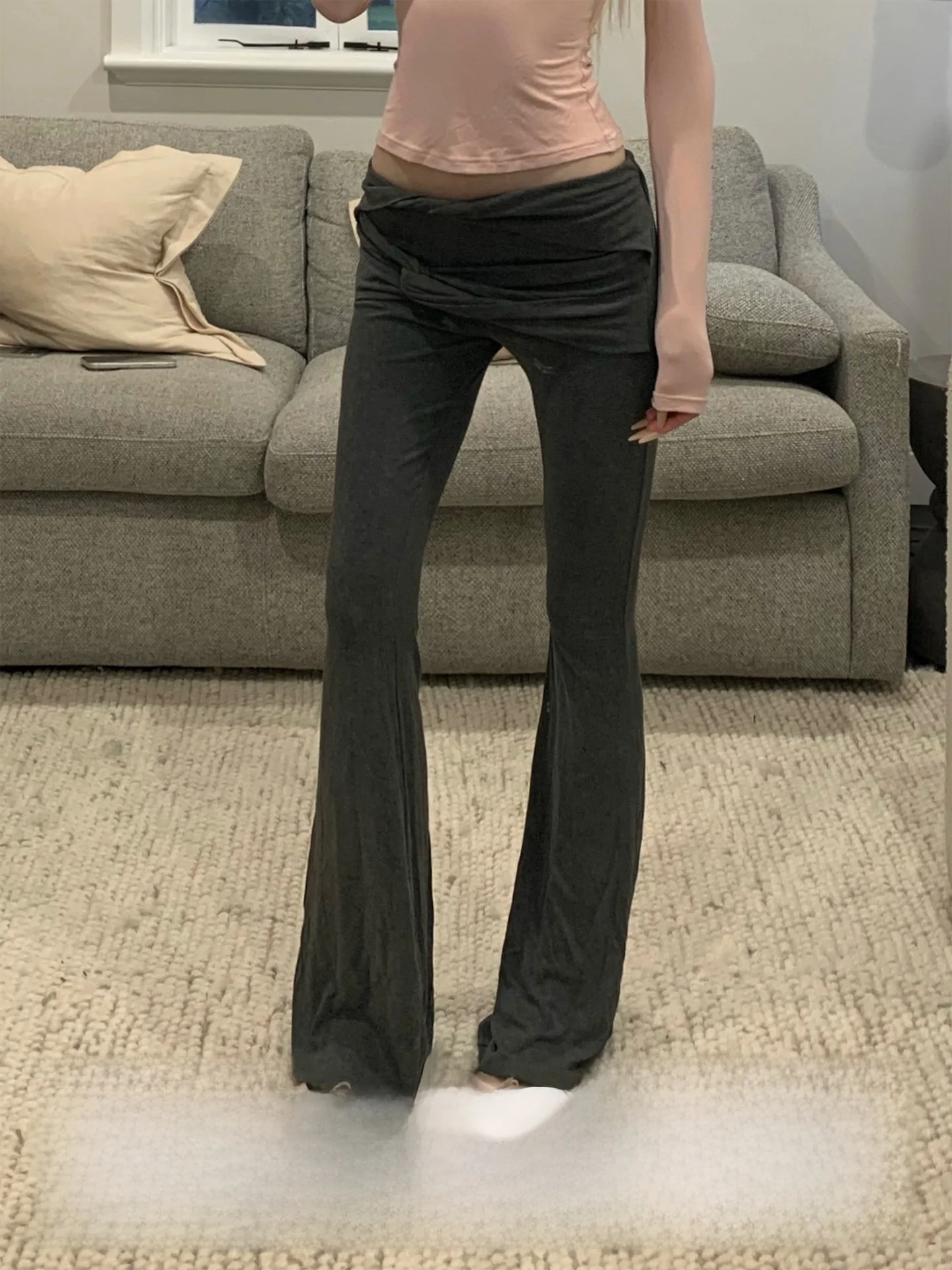 

Deep Floral Grey Knot Micro Flared Pants Elastic Knitted Casual Trousers Low Waist Slim Fit Ladies Fashion Rase Le Sol