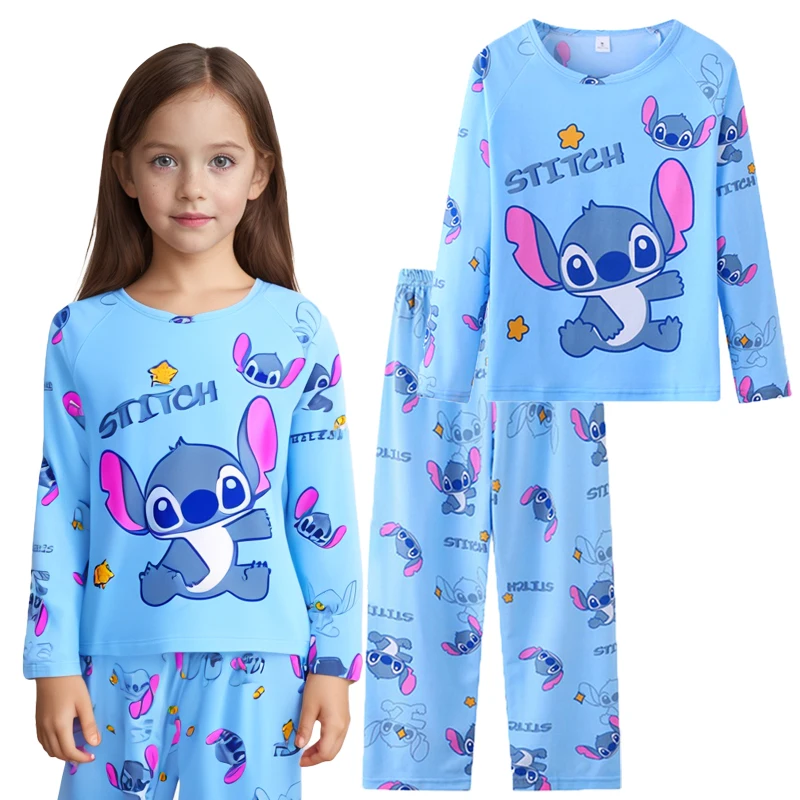 

Spring New Stitch Pajamas Set Boys Girls Cosplay Anime Cartoon Long-Sleeved Tops Pants 2Pcs Children Home Clothes Pyjamas Outfit