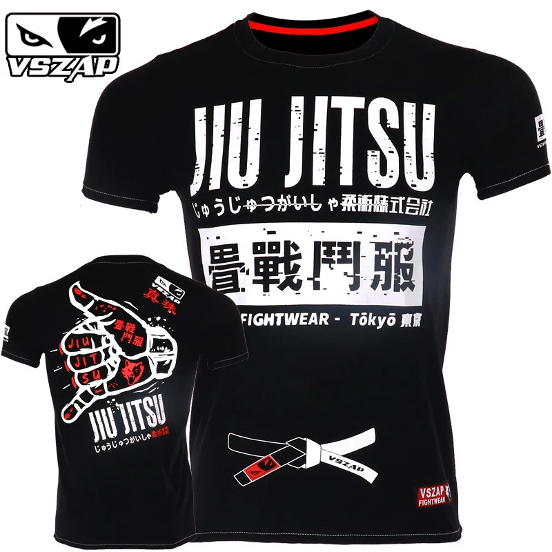 MMA BJJ Jiu Jitsu T Shirt VSZAP Men's Muay Thai Boxing Shirt Cotton Martial Arts Fight Gym Training Wear Kickboxing Top Tee