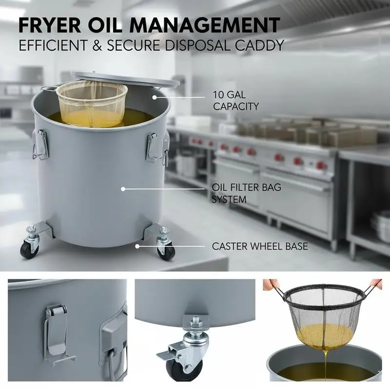 Carbon Steel Oil Transport Container 10 Gal For Restaurants Commercial Kitchens Food Trucks, Caster Base Lock Clips Filter Bag, Gray Heavy Duty Storage Drum High Capacity Waste Oil Caddy with Lid 15 Inch Diameter 18 Inch Height view 8