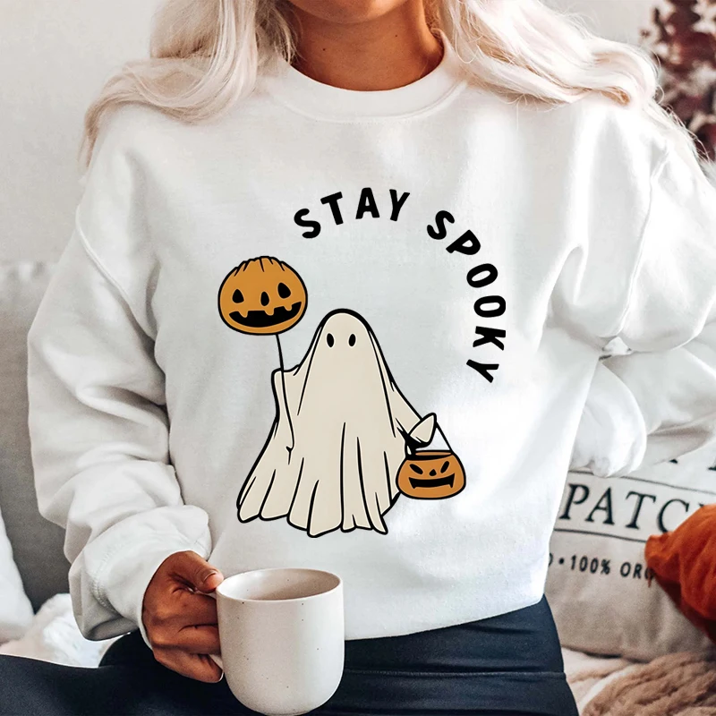 Sudadera con estampado de calabaza y fantasma para mujer, jersey de manga larga con cuello redondo, ropa de talla grande para Halloween