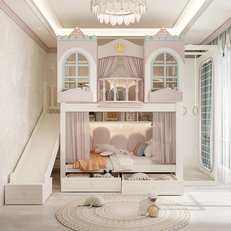 All solid wood double-layer climbing bed, dream castle, tree house with the same width up and down