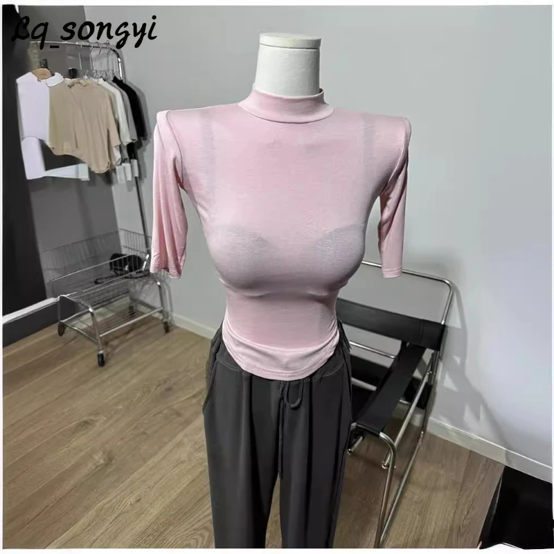 

Lq_songyi Half Sleeve Mock Neck T Shirts Slim Fit Tops Women High Strecth 2024 Spring Summer Solid Basic Tees Sexy Thin T Shirt