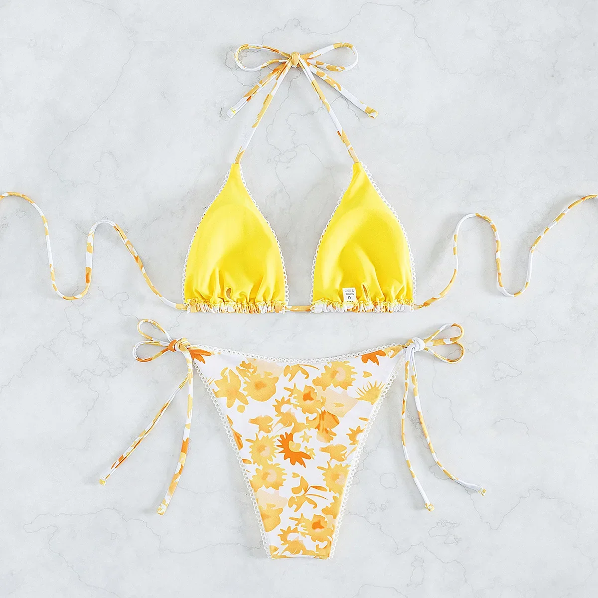 Sexy Yellow Leaf Print Swimwear Mini Bikini Extremo Women Micro Thong Swimsuit Bathing Suit String Halter Triangle Bikinis Set