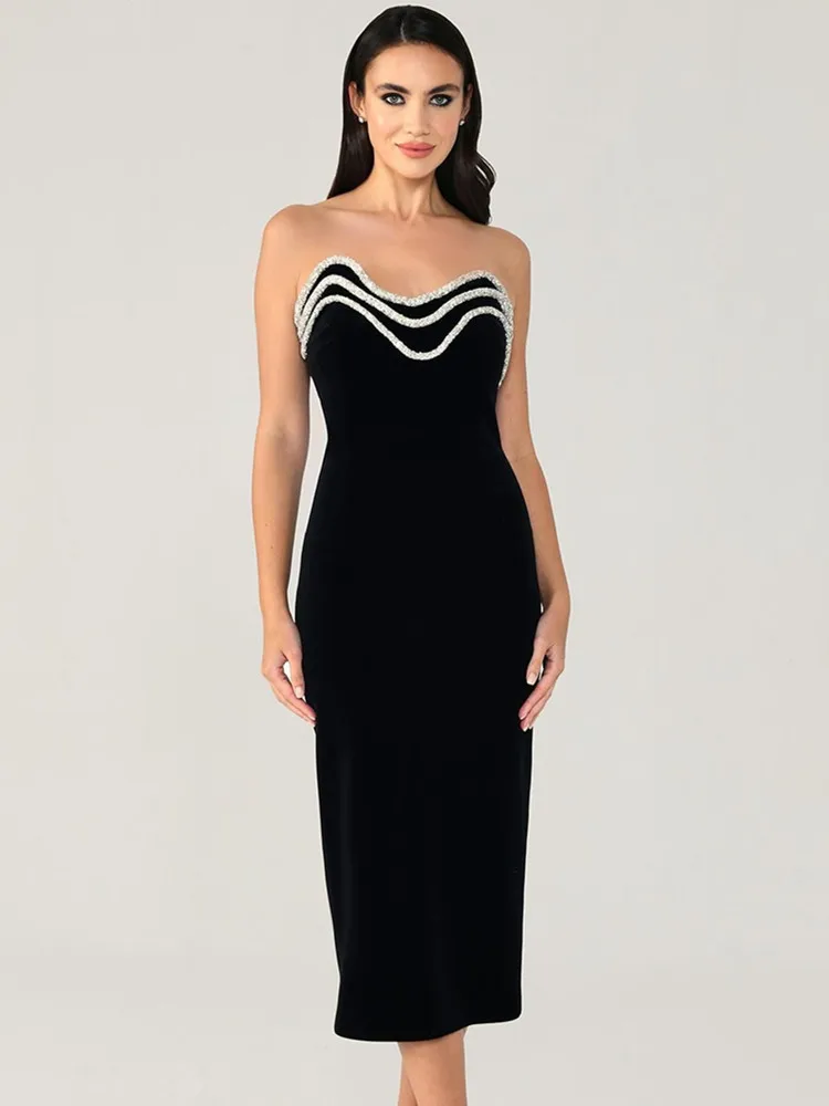 Women Celebrity Luxury Sexy Strapless Backless Diamonds Black Midi Bodycon Bandage Dress 2024 Elegant Evening Club Party Outfit