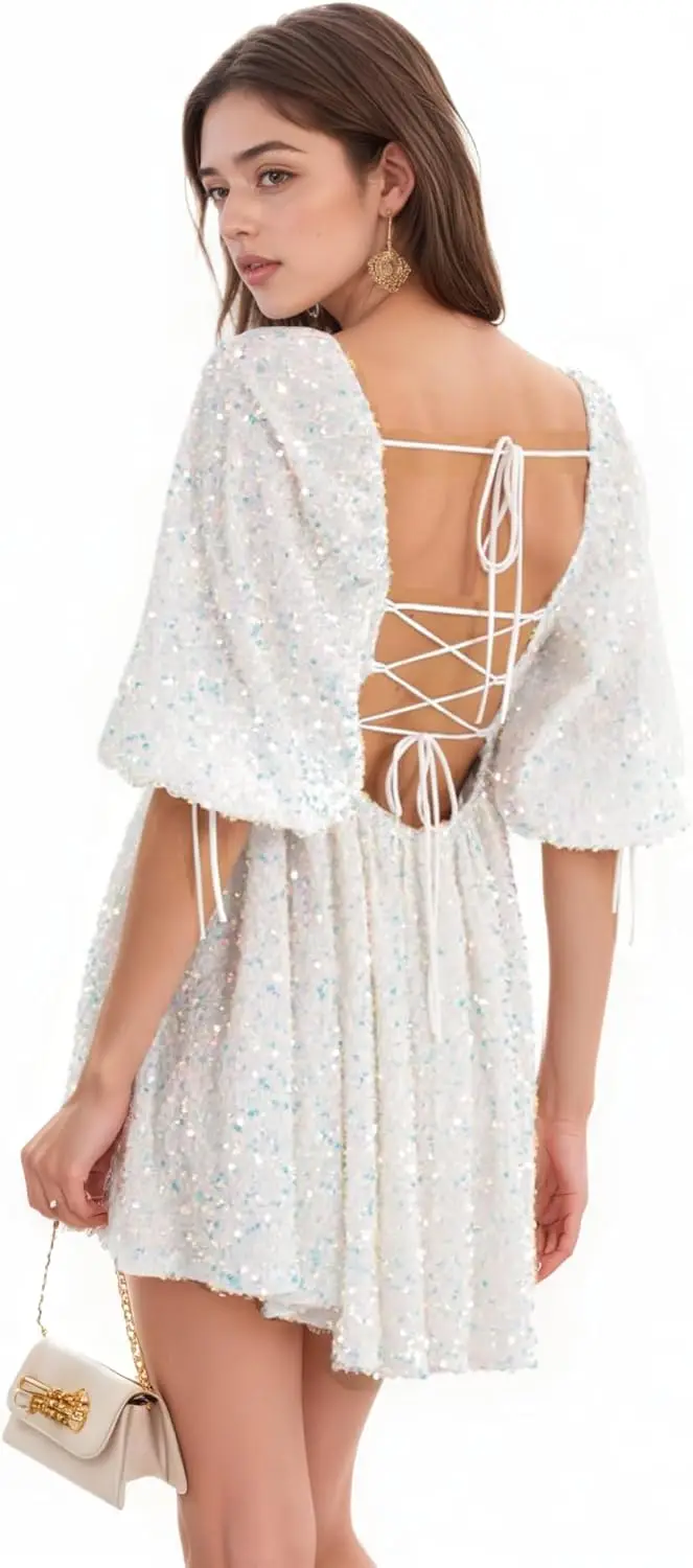 Short Sleeves Homecoming Dresses for Teens Sparkly Sequin Square Neck Short Prom Dress for Women 2026 Graduation Party Dresses