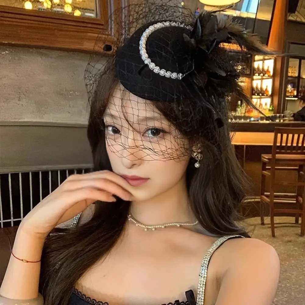 Women Fascinator Hat Feather Mesh Imitation Pearls Decor Pillbox Hat Small Top Hat Daily Party HairAccessory  97
