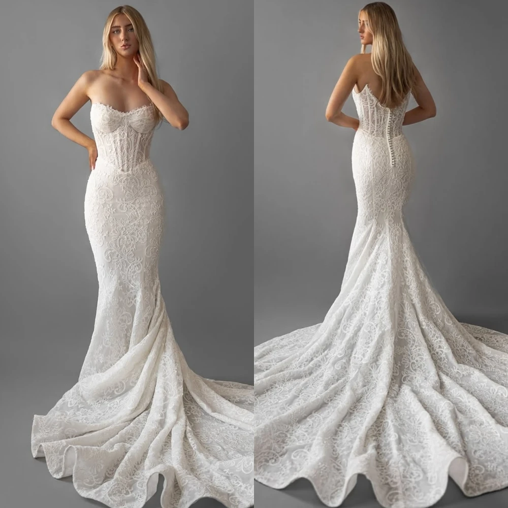 

Customized Charming White Lace Bridal Gown Elegant Sweetheart Sleeveless Wedding Dress Sexy Mermaid Chapel Train Robe de mariée