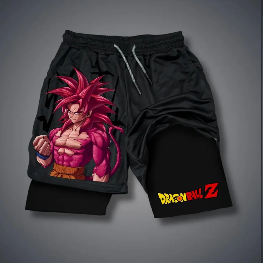 Celana Pendek Latihan Dragon Ball Z Aura Hitam Sisi Kanan dengan Gambar Goku Super Saiyan God Rambut Merah Muda