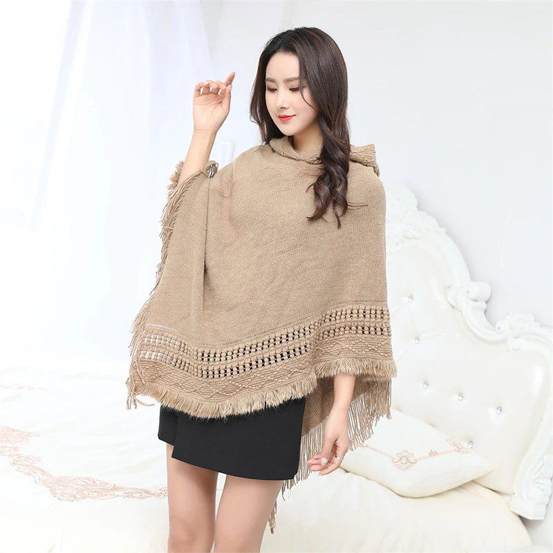 Women Spring Autumn Knitted Cardigan Sweater Lady Elegant Hooded Pullover Cape Tops Chic Tassel Shawl Wraps Casual Loose Ponchos