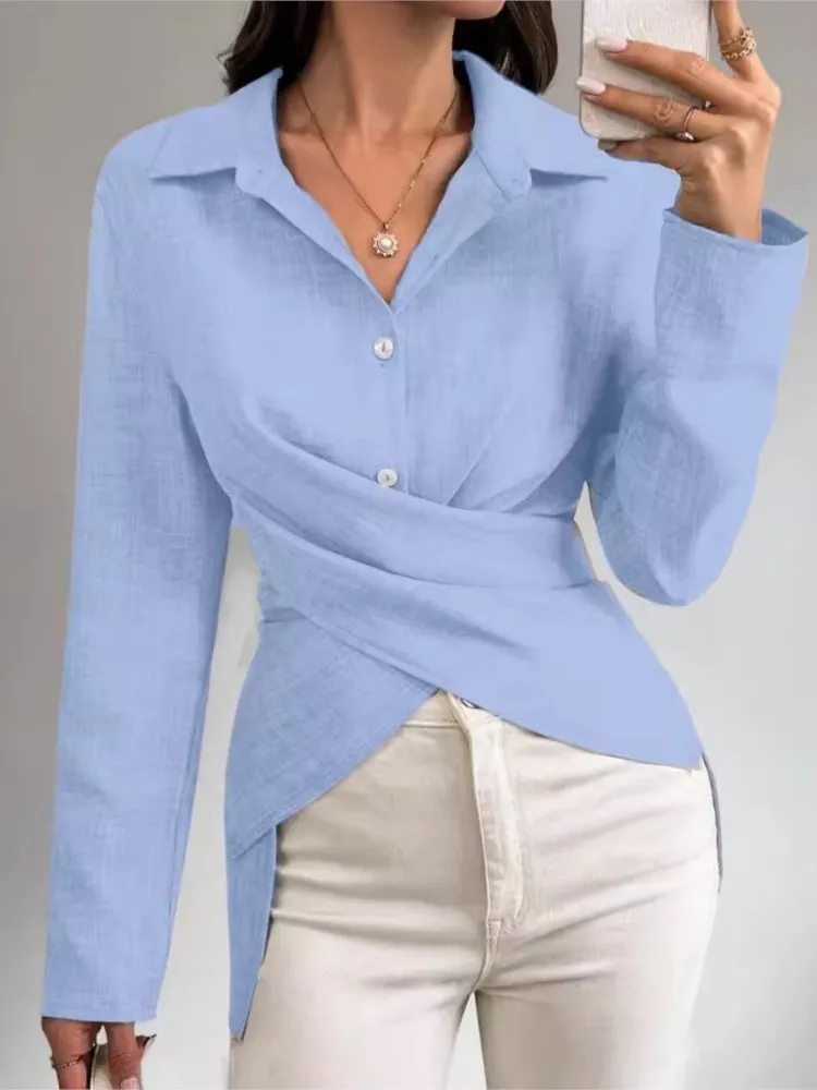 Elegant Fashion Long Sleeve Solid Shirt Women 2024 Autumn Lapel Buttons Cross Top Femme Office Women\'s Tops & Blouses Shirts