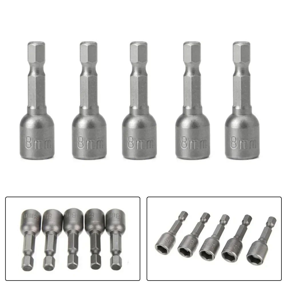 5 Pcs 8mm Socket Adapter Magnetic Nut Driver 1/4 Hex Shank Drill Bit Length 42mm For Power Wrench Screwdriver Tools Parts