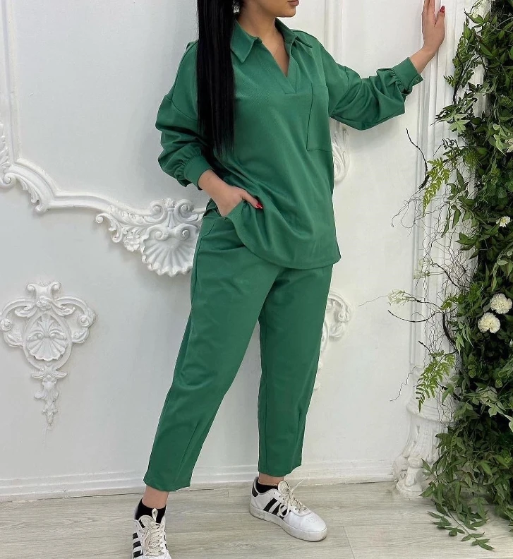 Women's New Fashion Hot Selling Autumn 2023 Sportswear Fashion Polo Collar Long Sleeve Shirt and High Waist Pocket Pants Set