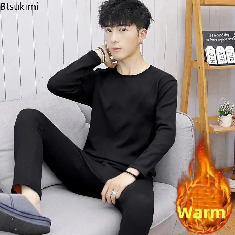 新しいメンズ暖かい下着ロングジョンズセット秋冬肥厚フリース裏地付き O ネックトップスとパンツ男性サーマル下着セット