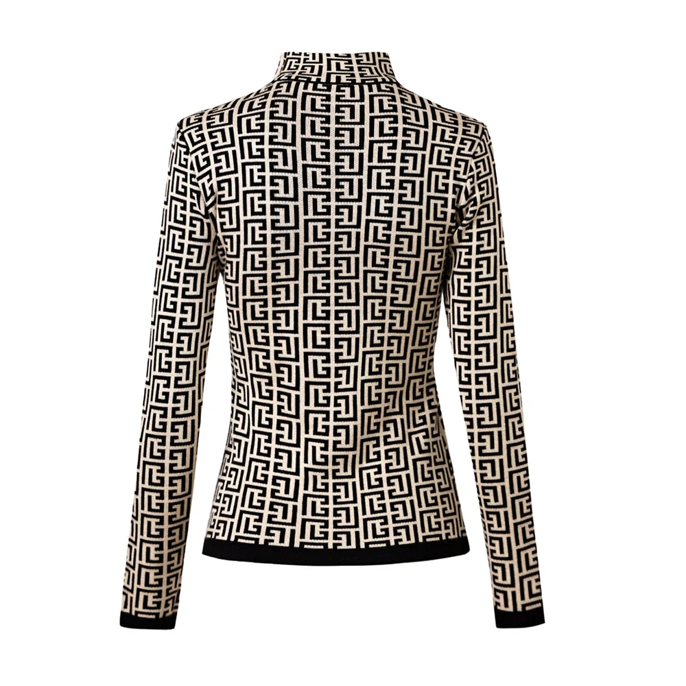 Collezione autunno inverno collo mezzo alto nero bianco geometrico quadrante abbigliamento casual donna maglieria pullover maglione di alta qualità