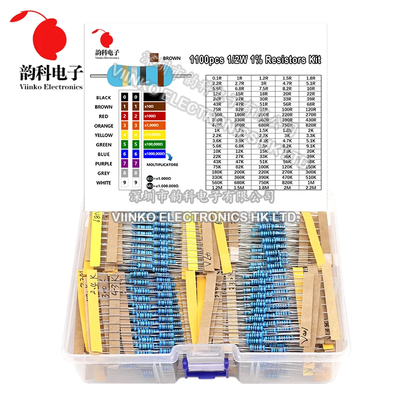 

1100pcs 1/2W Metal Film Resistor Kit 1% 0.1 ohm - 2.2M 110 ValuesX10pcs 0.5W Resistance Set Assortment Pack