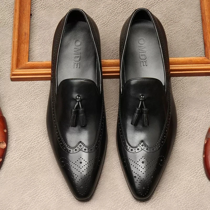 

Men's Tassel Loafers Oxford Shoes Genuine Leather Slip On Brogue Shoes Men Wedding Pointed Toe Formal Italian Office Dress Shoe