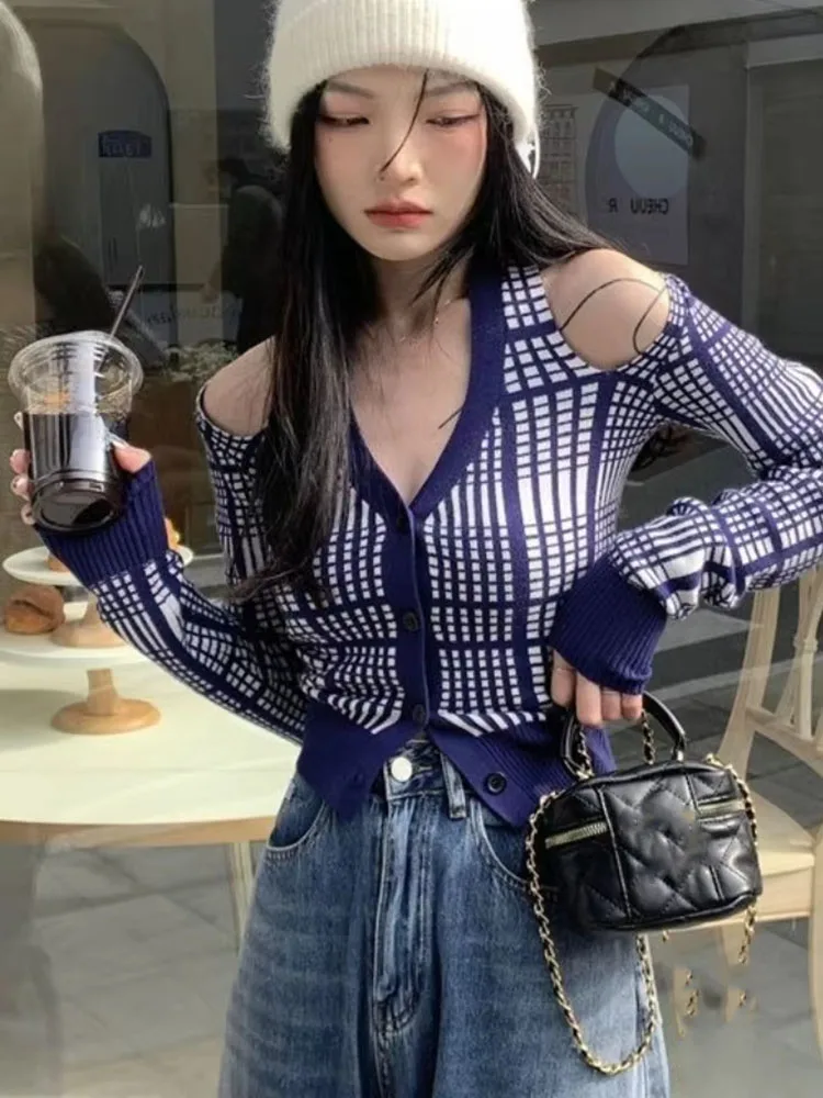 Y2k Spicy Girl Style Cardigan Long Sleeve Halter Off Shoulder Plaid Thin Sweaters Slim Knit Crop Tops Design Women's Clothing