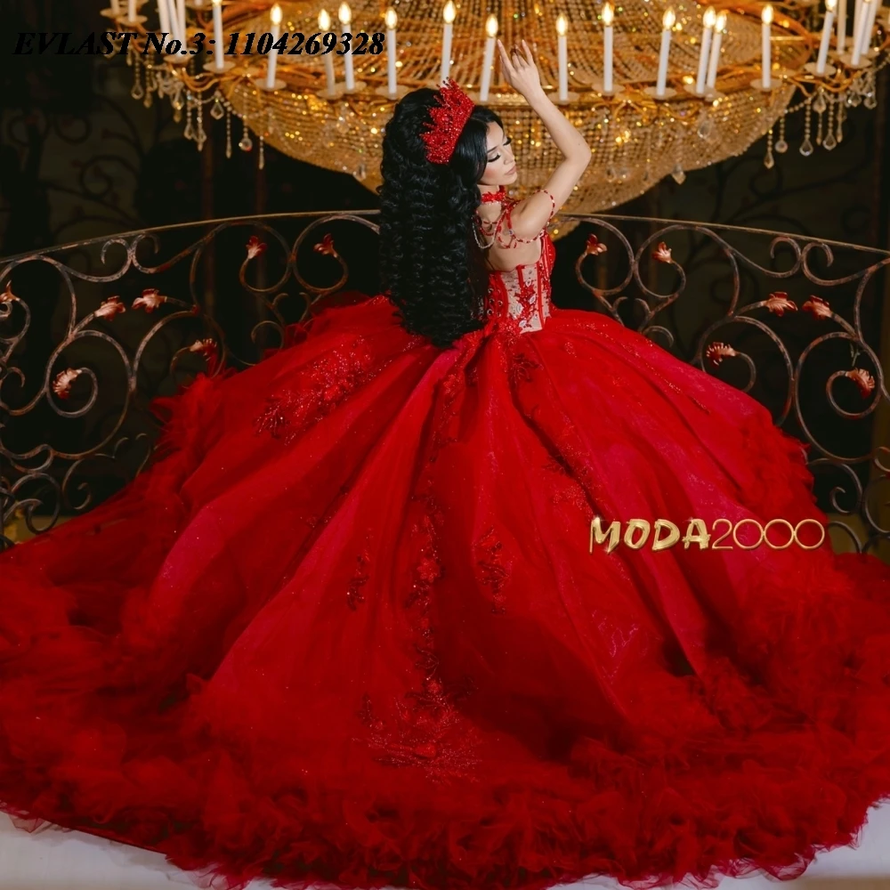 

EVLAST Customized Glitter Red Quinceanera Dress 2025 Ball Gown Lace Applique Beading Ruffles Sweet 16 Vestidos De 15 Anos E3Q147