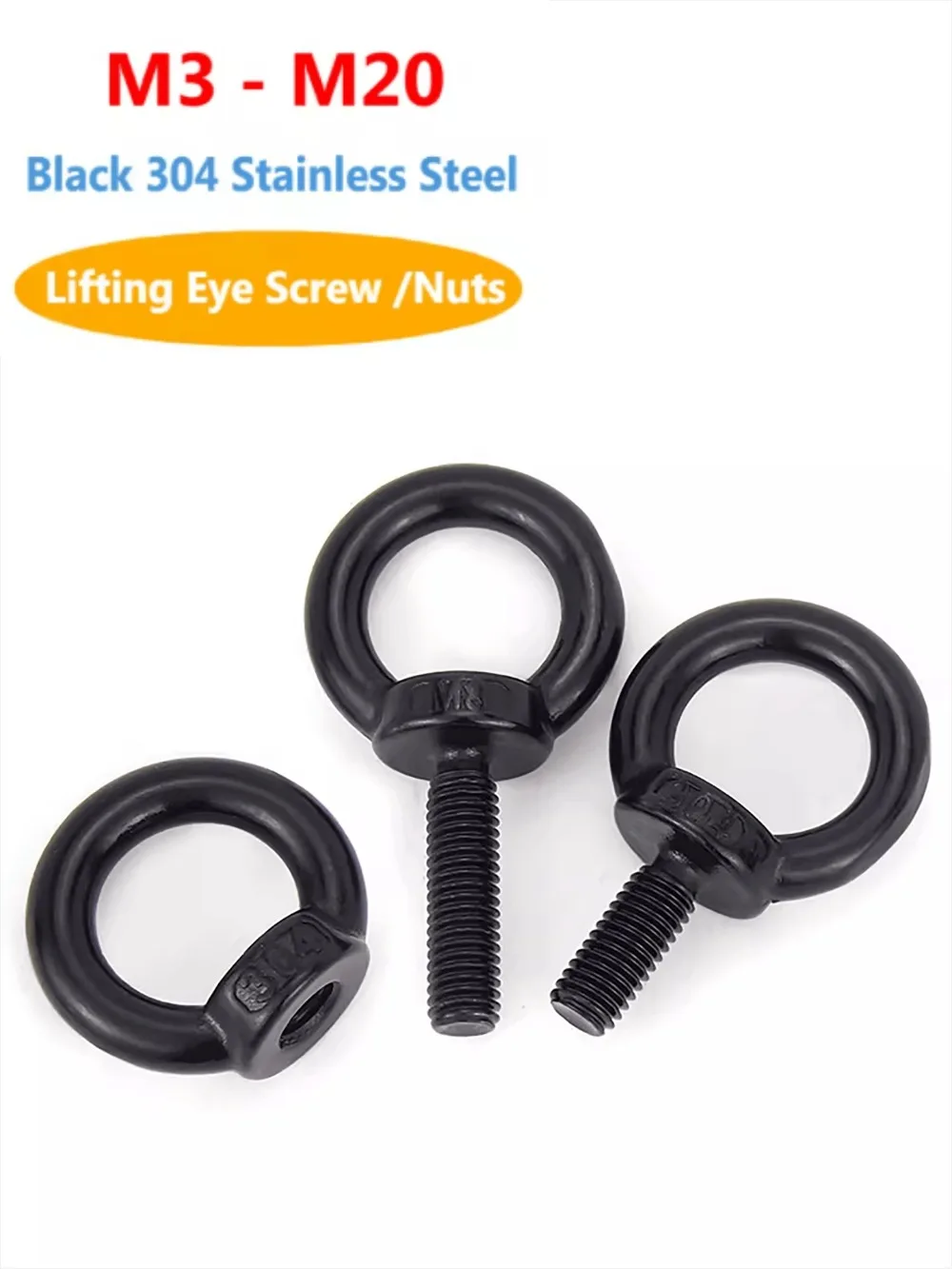 1PCS M3‑M20 Black 304 Stainless Steel Lifting Eye Screw Ring Nut Corrosion‑Resistant Marine Eyebolt Hoisting Hardware Fitting