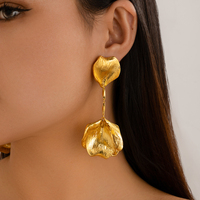 KunJoe Elegant Bright Gold Color 3d Flower Pendant Earrings for Women Luxury Leaves Petals Drop Earrings Ladies Wedding Jewelry