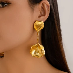 KunJoe Elegant Bright Gold Color 3d Flower Pendant Earrings for Women Luxury Leaves Petals Drop Earrings Ladies Wedding Jewelry