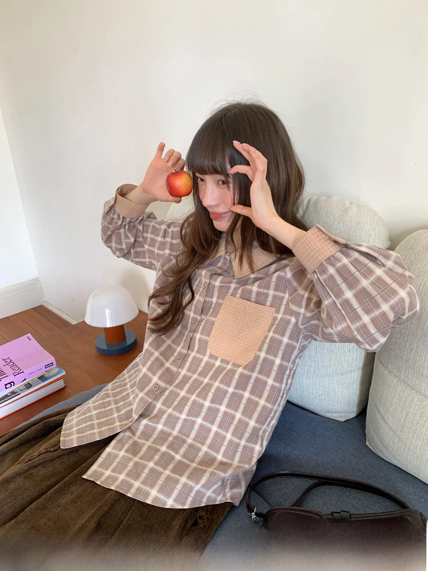 

Hello Casual Sle Loose Women's irt Patch ket Plaid Design Autumn Vintage Cotton Long Sve Button up Top