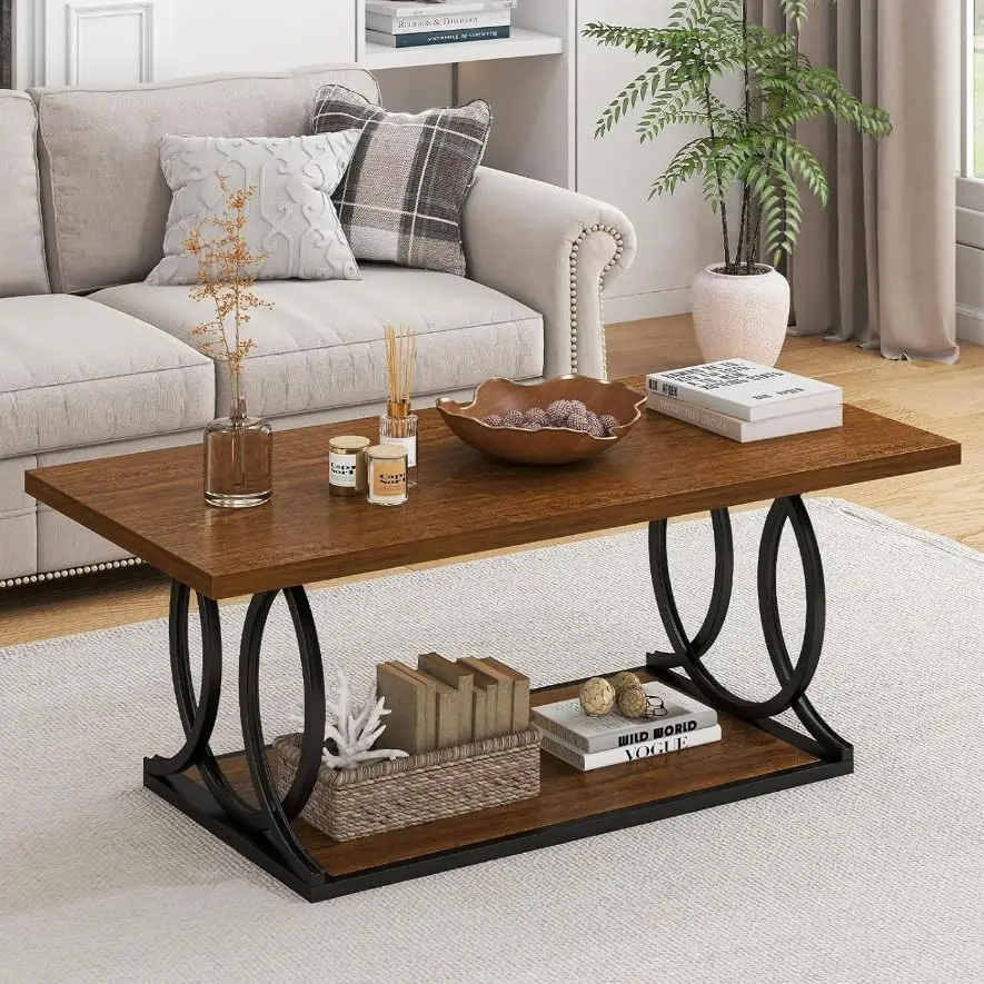 #Industrial Coffee Table 41.7'' Rectangular Wood Top Metal Arc Legs 2-Tier Storage Shelf Living Room Home Office, Customized