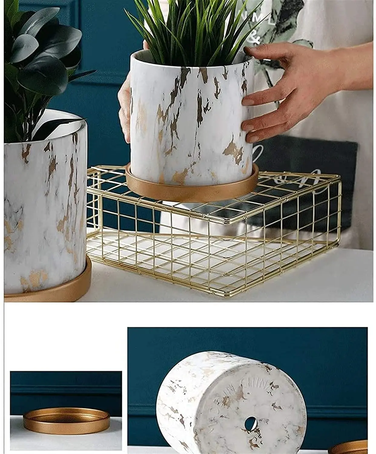 Modern Minimalist Ceramic Flowerpot Nordic Style Straight Plate with Tray Plant Pot Marble Texture Planting Pots Indoor