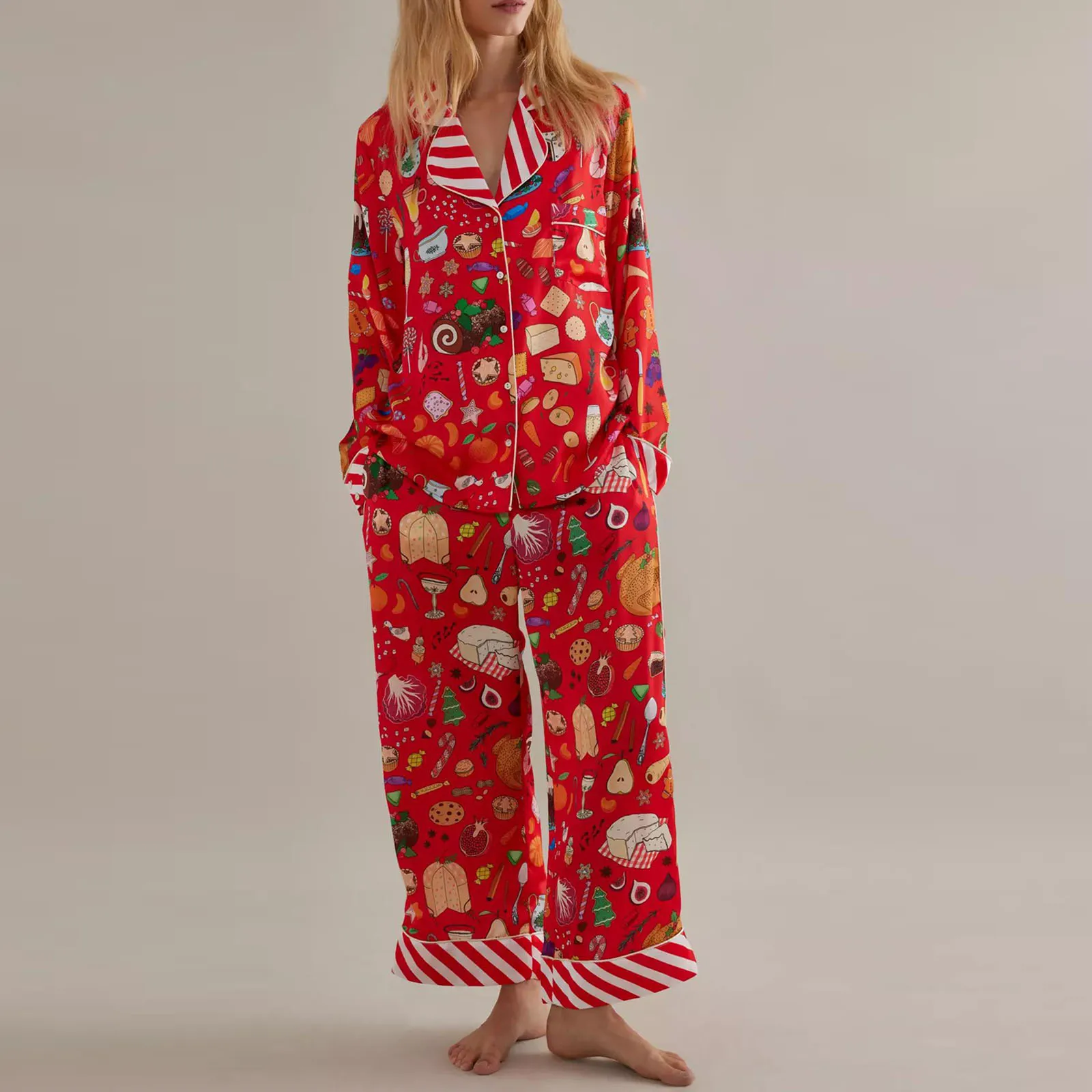 Women Pajama Set Food Animal Print Long Sleeve Button Closure Tops with Pants Sleepwear Loungewear