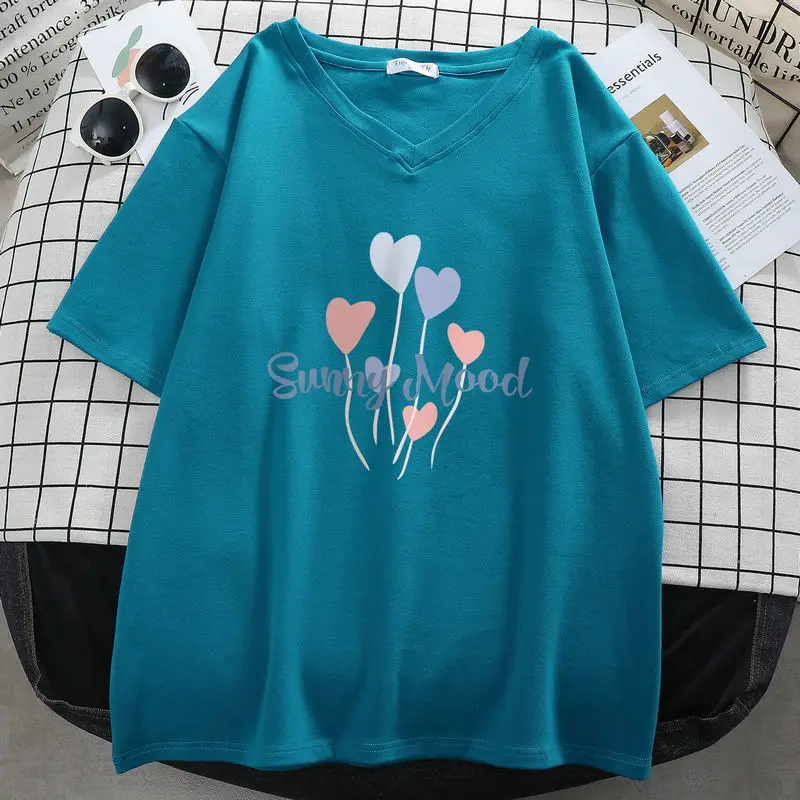 Plus Size 6XL 150KG Summer Top for Women Loose Cotton tshirt Hearted Prtinted  t Shirt Femme tee V Neck Big Tops