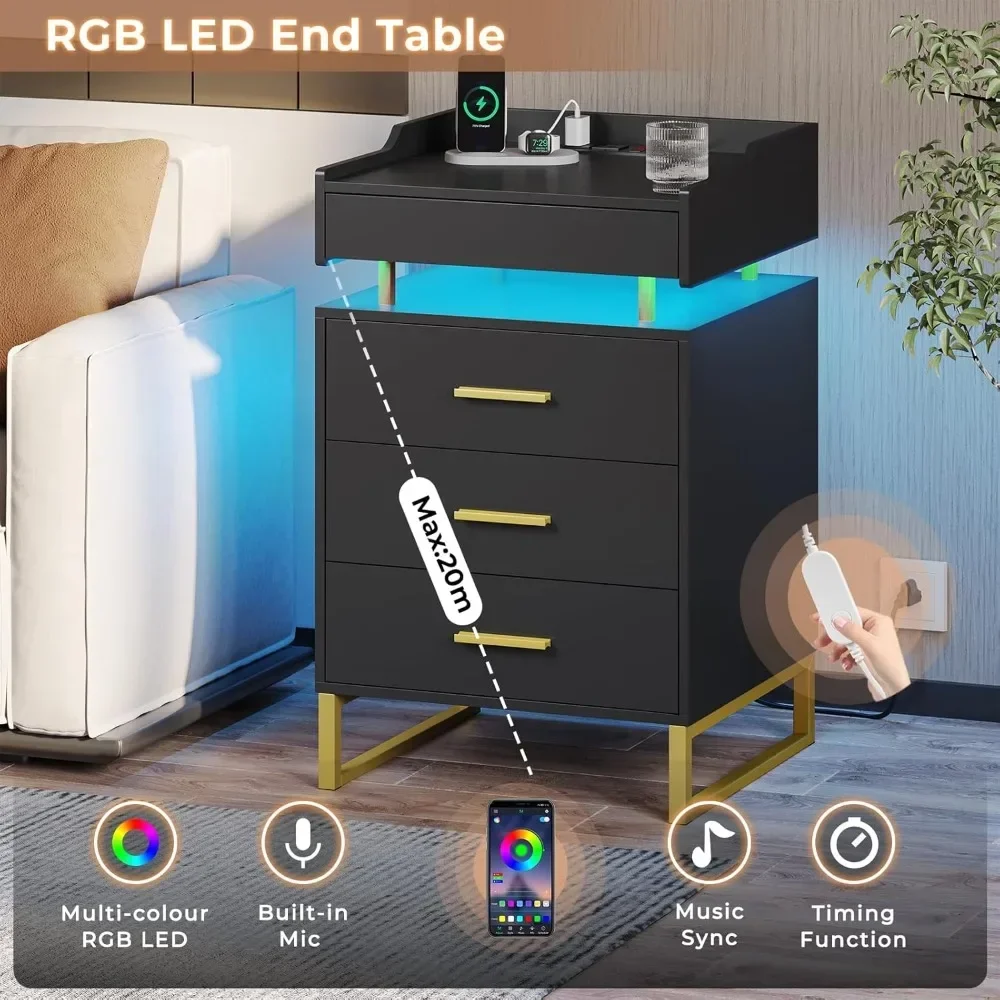 Nightstand Set of 2,End Table with Charging Station,LED Night Stand with Pull-Out Tray,Bedside Table with Drawers