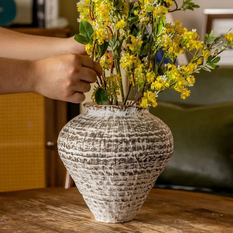Wabi Sand Wind Ceramic Vase White Frosted Large Diameter Home Decoration Ornament Living Room Flower Arranger Homestay Vase