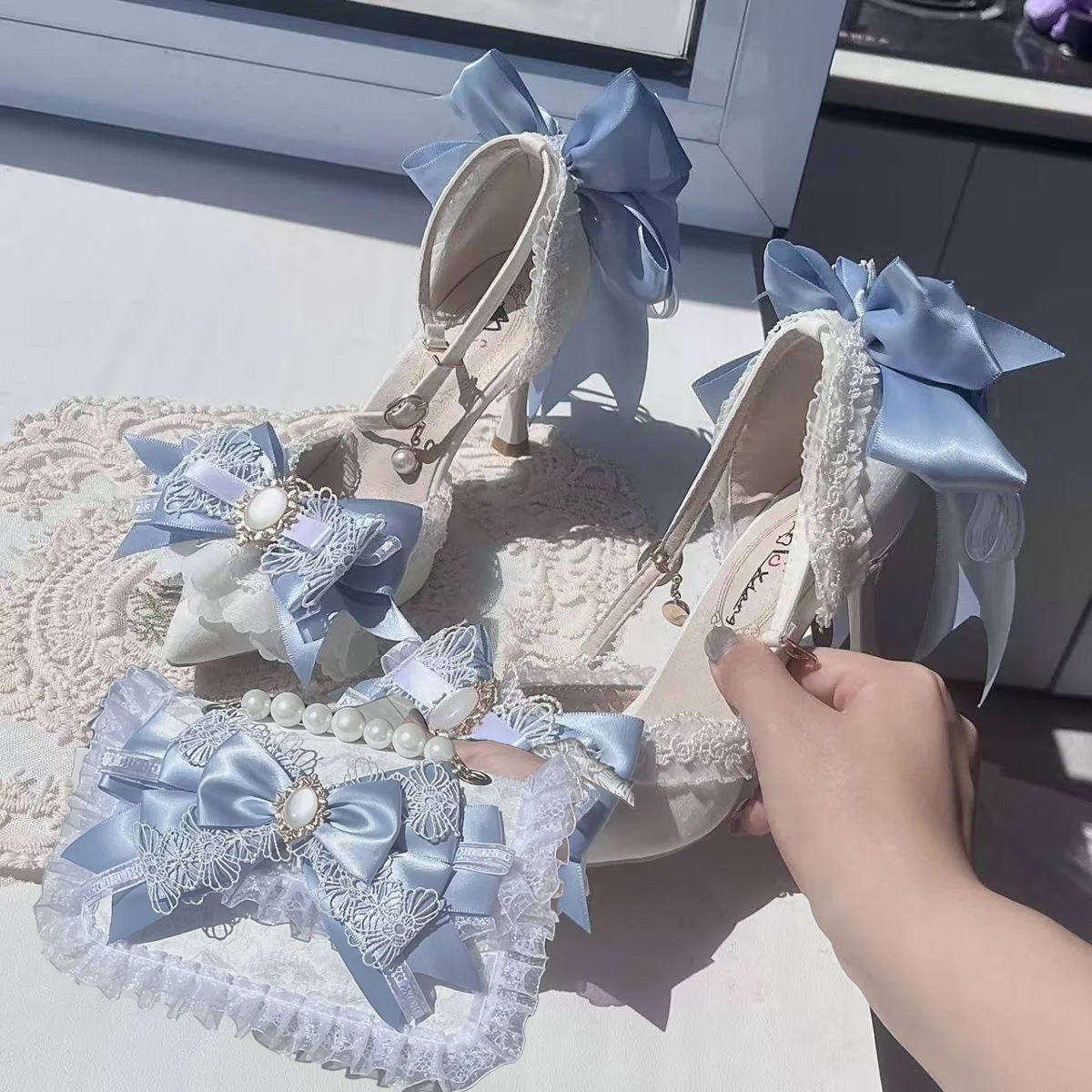 Zapatos de tacón elegantes para mujer, bolso y zapatos azules a juego, tacones altos Y2K, zapatos de mujer elegantes, tacones de los años 2000, zapatos de boda, tacón Lolita