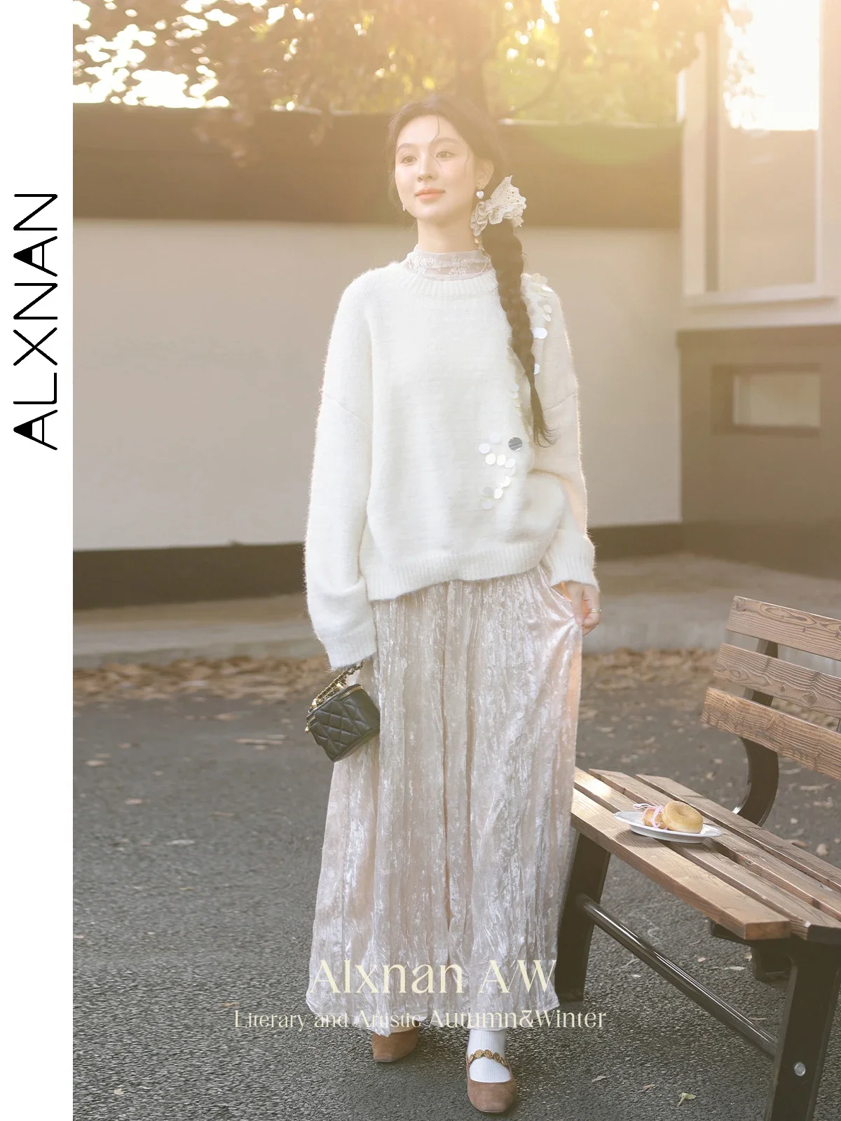 ALXNAN Damski Sweter z Okrągłym Dekoltem, Ozdobiony Brokatem, Dzianinowy Pulower, Nowy, Luźny Krój, Elegancki, Miękki Sweter na Jesień i Zimę L52669