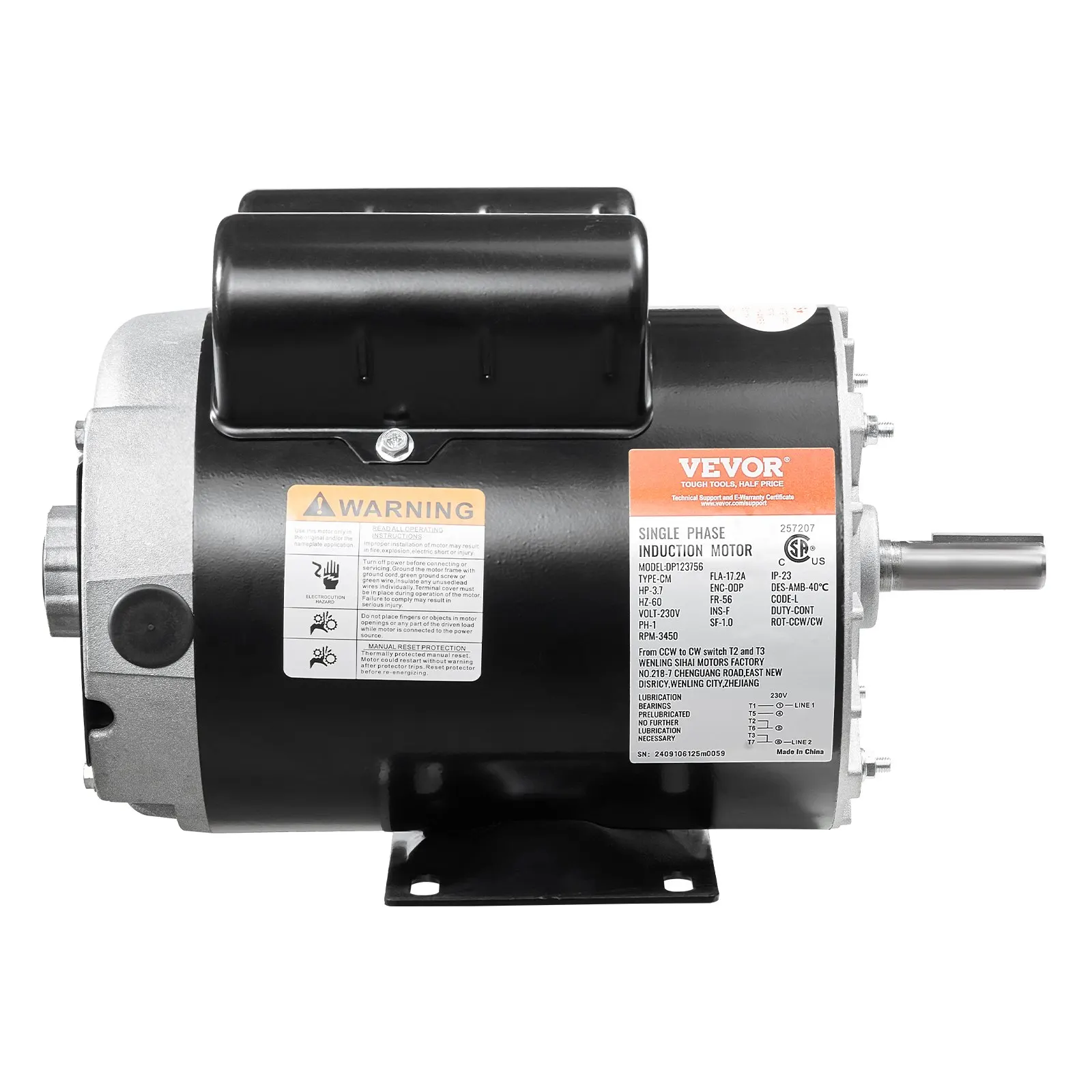 

3.7HP Air Compressor Electric Motor 230V 17.2A 3450RPM 56 Frame CW/CCW Rotation (Factory Setting Is CCW)