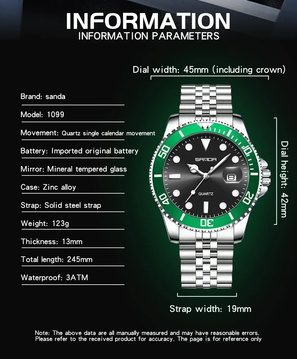 SANDA SD1099 Reloj de cuarzo de lujo a la moda para hombre, reloj de cuarzo fantasma de agua verde, calendario de luz nocturna, reloj de cuarzo resistente al agua