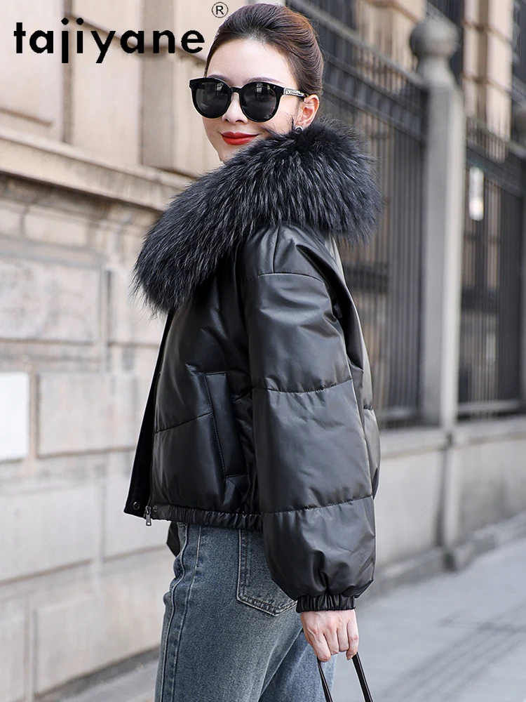 TAJIYANE 100% أعلى الحبوب جلد البقر أوزة أسفل معطف قصير الجلد الحقيقي سترة منفوخة المرأة الراكون الفراء طوق الملابس الشتوية 2025 كورت
