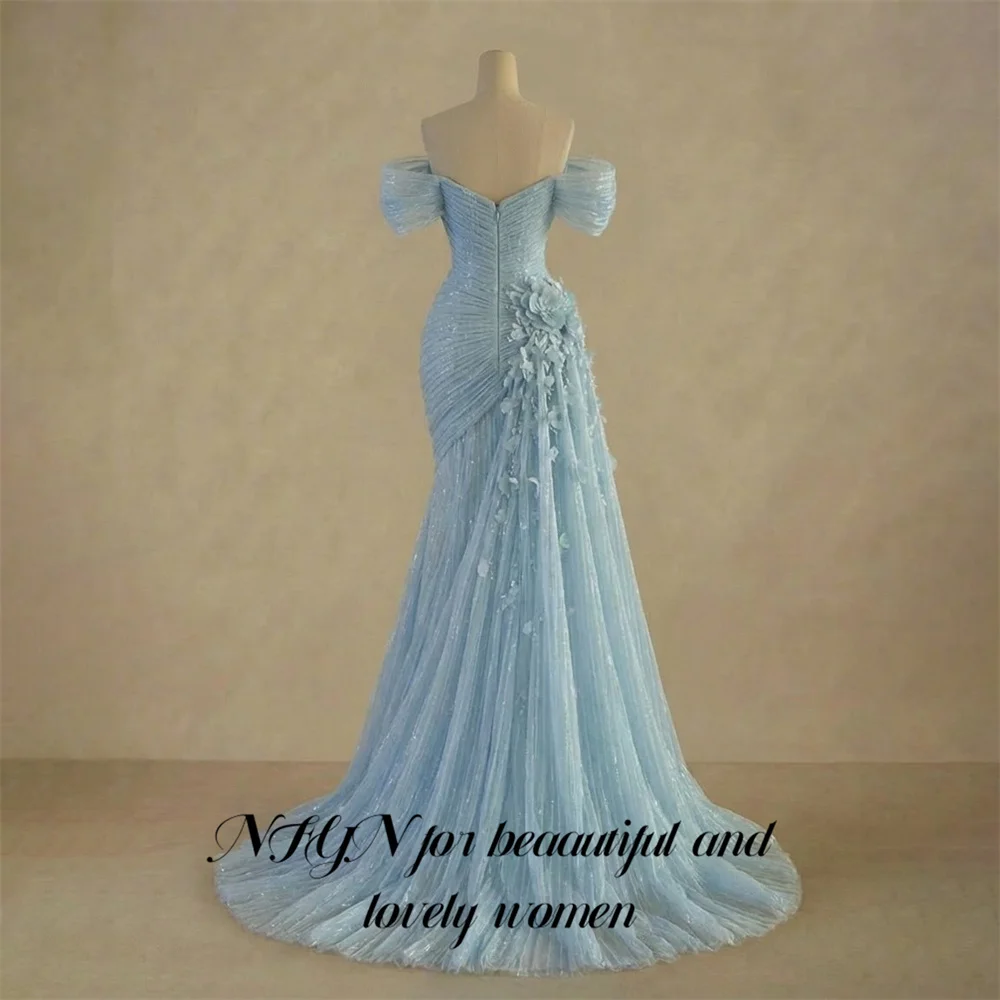 NFYN Blush Blue Prom Dress Off the Shoulder Celebrity Dress Trumpet Women's Evening Dress with 3D Floral Formal Gown Customized image 2