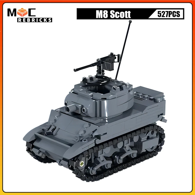 WW2 Allied Self-propelled Artillery Tank M8 Scott Light Motor Armored Vehicle MIlitary Weapon Assembly Model Kids DIY Bricks Toy