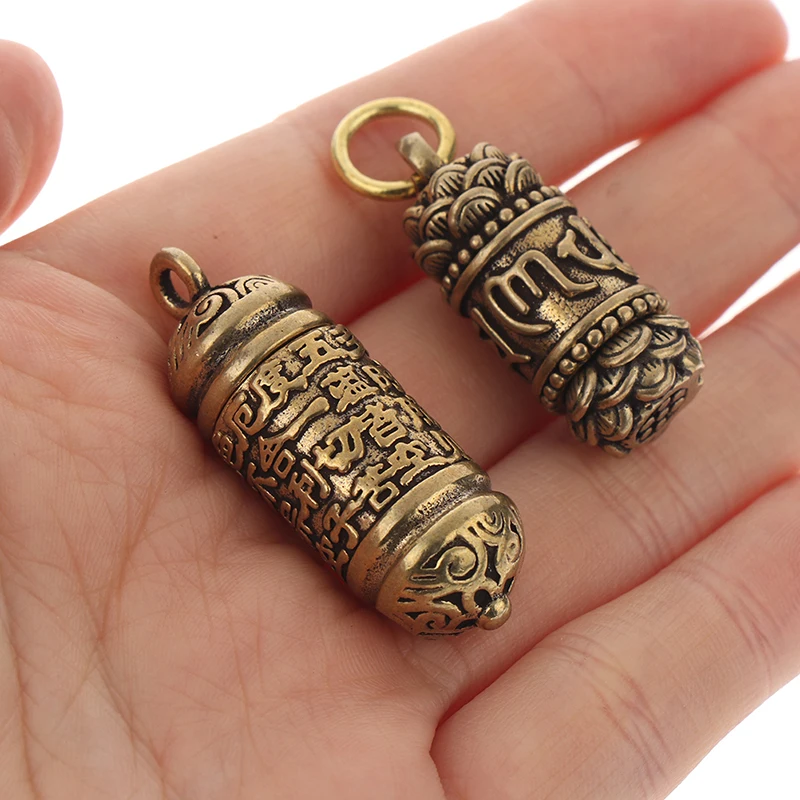 Hollow Brass Buddha Bottle Sutra Cylinder Pendant Keychain Handmade Vintage Pill Box Container Bottle Keychains Pill Case Bottle