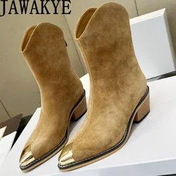 Zimowe designerskie buty damskie Chelsea Boots Metal Toe Back Zip Short Boots Women Pointed Toe Chunky Heel Ankle Boots Suede Leather