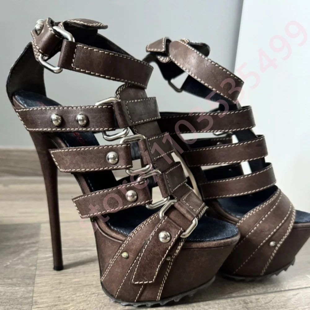 2025 Platform Hollow Buckle Roman Sandals Sexy Women's Open Toe Catwalk Stiletto Summer Fashion Black/brown Party Casual Sandals image 2