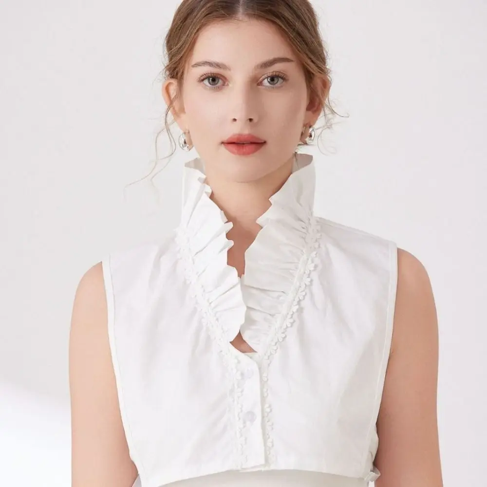 Simple White Detachable Fake Collar Ruffle Pleated Lotus Leaf Adjustable Neckline V-shaped Hollow Out False Blouse Collar Female