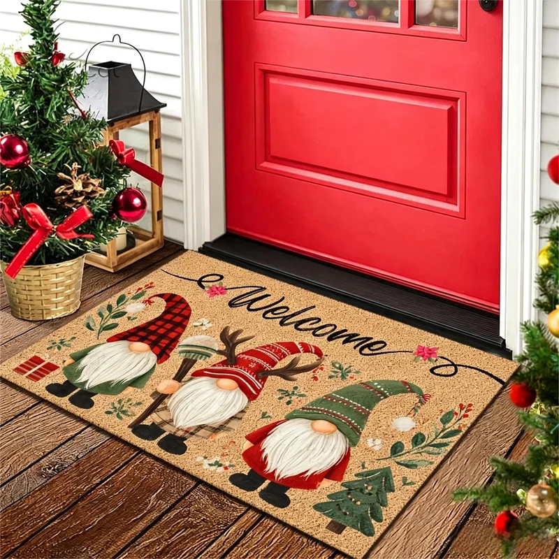 VIKAMA Christmas Welcome Mat Rustic Gnome Tomte Red Green Plaid Hats Front Door Mat Rug Non Slip Happy New Year Home Decor