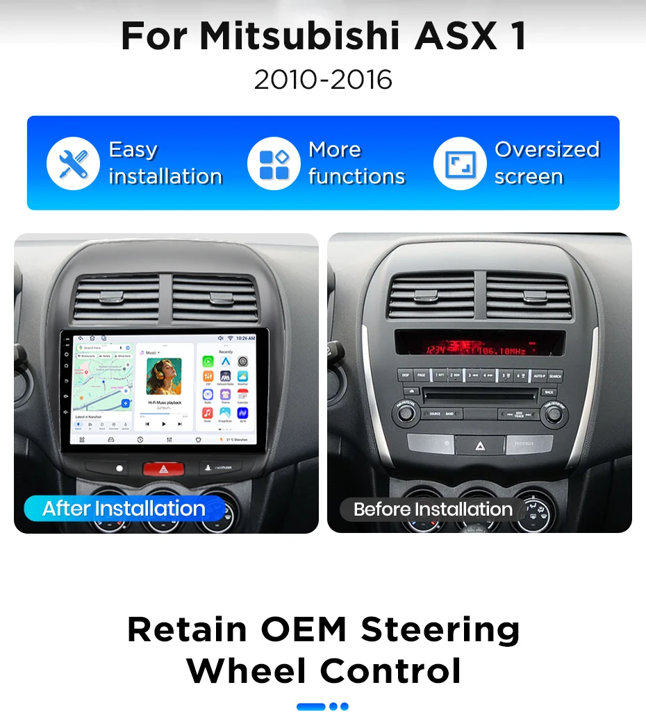 Junsun Android 15 Auto-Intelligentes System für Mitsubishi ASX 1 GA 2010-2016 AI Wireless CarPlay für Apple Auto 10" IPS – Detail 5