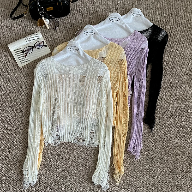 

Kimotimo Hollow Out Knitted Pullover Women 2025 Autumn Round Neck Thin Transparent Long Sleeve Crop Top Simple Solid Y2k Sweater