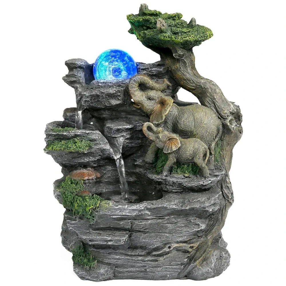 Tabletop Water Fountain Relaxation Waterfall Feature with LED Ball Tabletop Decoration Elephant Tree Fountain for Stress Relief
