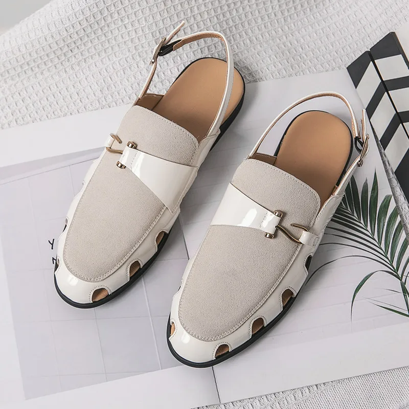 

New Summer Leather Sandals Men Large Size 38-46 Hollow White Men’s Half Shoes Flat Office Dress Sandals For Men sandalias hombre